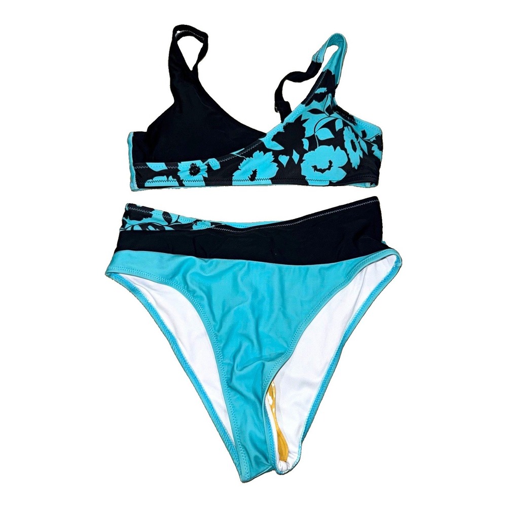 Women's 2-Piece Bikini Swimsuit Blue/Black Floral Spaghetti Strap Size S